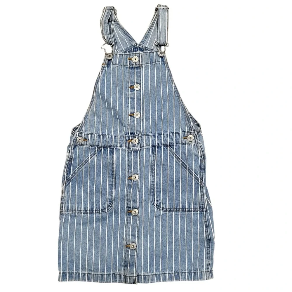 OshKosh‎ Bgosh Girls Blue White Striped Denim Vestbak Overalls Dress Size 10
